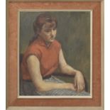 Rachel Ann Le Bas NEAC, RE (1923-2020) - portrait of a girl seated wearing a red short sleeved