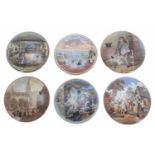 Six Prattware pot lids; including 'The Village Wedding', The Times', The Room in Which Shakespeare