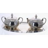 Mid-century CLS Sterling 925 silver oval tray, cream jug and sugar bowl, Made in Mexico, tray 12"