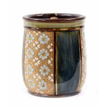 Royal Doulton stoneware pottery glazed tobacco jar, the body with alternating gilt glaze on buff