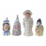 Four Royal Worcester porcelain candle snuffer; 'Mr Caudle', 'Mrs Caudle', Geisha Girl', and 'Boy