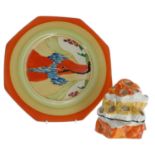 Clarice Cliff Bizarre 'Windbells' octagonal plate, 8.75" wide; together with a Fantasque Bizarre