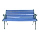 Decorative painted cast metal and wooden garden bench, with pierced foliate end supports, 50" wide