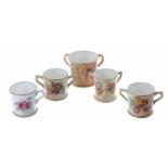 Four miniature Royal Worcester blush ivory porcelain loving cups, largest 1.5" high (largest with