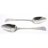 Pair of George III silver table spoons, with bright cut handles initialled B, further marked H*D