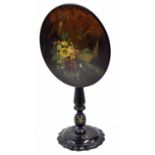 Victorian painted slate top and papier maché tilt-top circular occasional table, painted with exotic