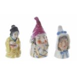 Three Royal Worcester candle snuffers; 'Mr Caudle' 3.5 "high, 'Mrs Caudle and 'Geisha Girl', factory
