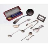 Assorted Georgian and later silver items, including sugar tongs, late Victorian sauce ladle, mustard