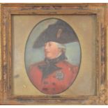 Portrait miniature of George IV, head and shoulders wearing a red coat decorated with a military or