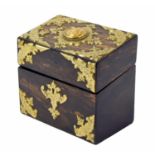 Small 19th century coromandel brass bound jewellery box, the hinged cover and front with gothic