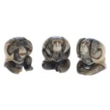 Set of three antique ivory netsuke monkeys - 'see no evil', 'hear no evil' and 'speak no evil', '