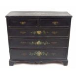 Decorative ebonised and painted lacquered narrow chest of drawers, painted with floral sprays within