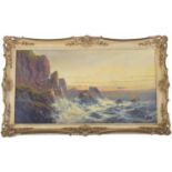 W* Richards (19th/20th century) - coastal scene with rough seas, fishing boats beyond, signed and