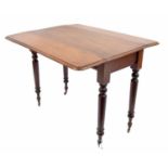 Victorian mahogany Pembroke table, with a single end frieze drawer upon turned legs with casters,