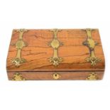 Good Victorian figured walnut brass bound walnut games box, the domed lid with brass strap mounts
