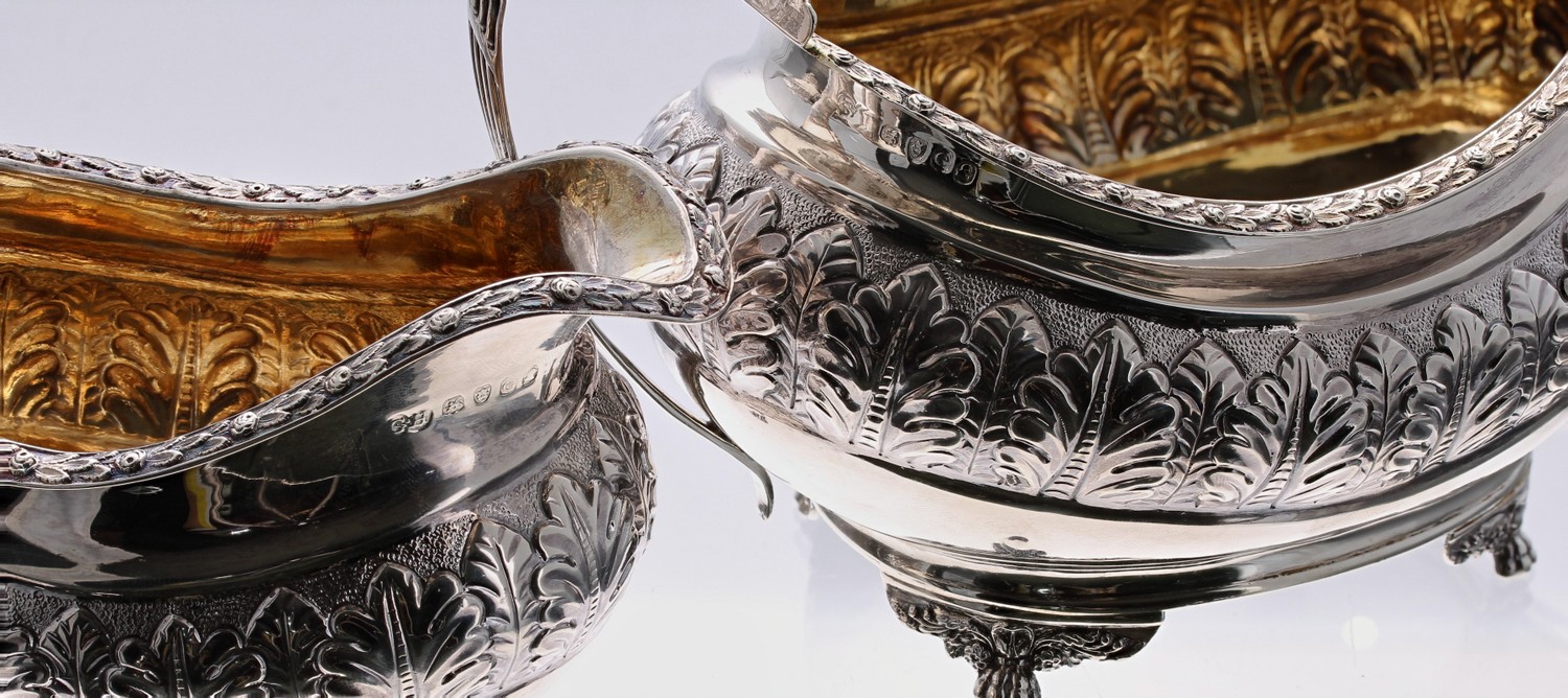 Good George IV boat shaped silver three piece tea set, comprising a teapot with floral capped handle - Image 2 of 3