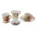 Royal Worcester - blush ivory porcelain loving cup, 2.25" high, cup and saucer and a mug 2.25" high;