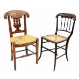 Two Victorian rush and cane seat bedroom chairs, one with a carved eagle's head crest rail (2)