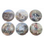 Six Prattware pot lids; including ' The Wolf and The Lamb', 'The Chin-Chew River', 'The Late