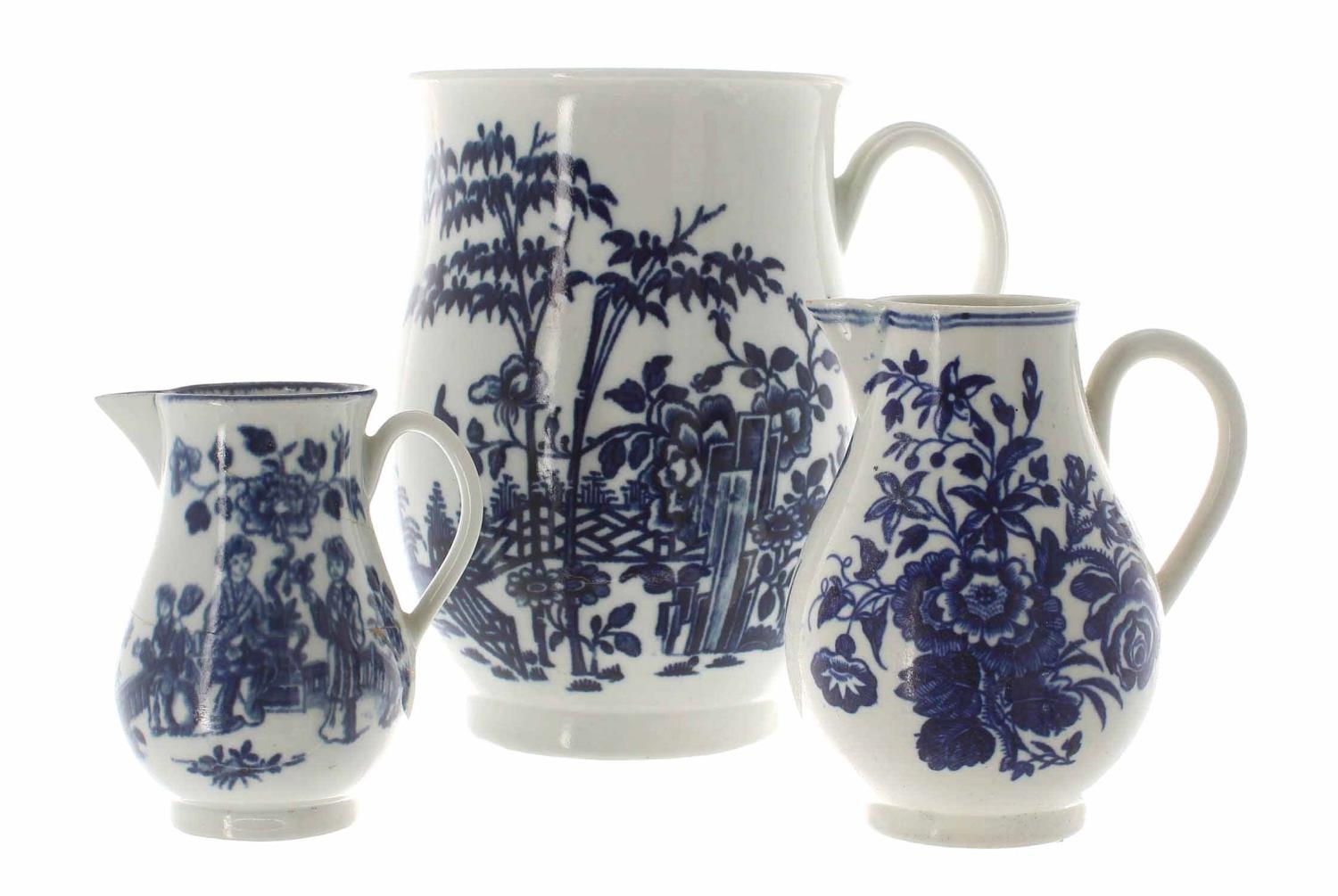 Worcester blue and white 'plantation' pattern baluster porcelain tankard, with crescent mark and