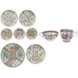 Selection of 19th century Chinese Canton famille rose porcelain plates, cups and saucers, largest