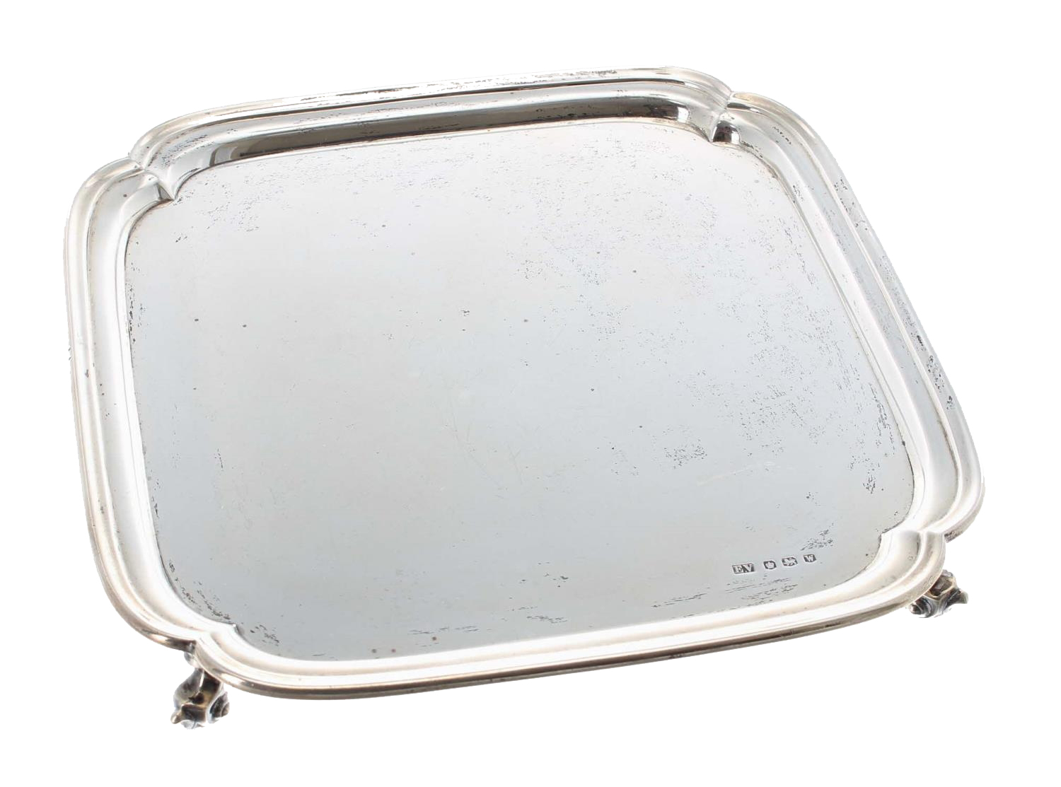 Viner's Ltd. square silver card tray, with moulded rim, raised on four leaf scroll feet, 9" x 9",