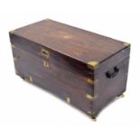 Brass bound camphorwood chest, with cast metal side carry handles and stained patina, 33" wide,