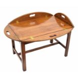 19th century style mahogany folding butlers tray on stand, each side with brass hinged drop carrying