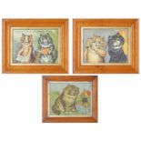 Louis Wain - three maple framed Louis Wain illustration prints, two of musical cats,10" x 7.5",