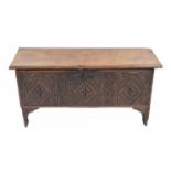 Good 17th/18th century small oak coffer, the hinged chip carved lid with iron hinges over the