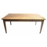 Provincial French oak kitchen table, the plank top upon square tapering legs, 68" x 36", 29" high