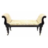 Victorian upholstered window seat, the carved double scroll end frame with applied gadroon