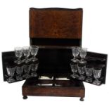 19th century French burr wood liqueur box, inset with thirteen liqueur glasses, 12" wide 9" deep,
