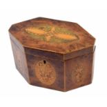 Attractive Georgian octagonal burr yew inlaid tea caddy, the cover and sides with inlaid foliate