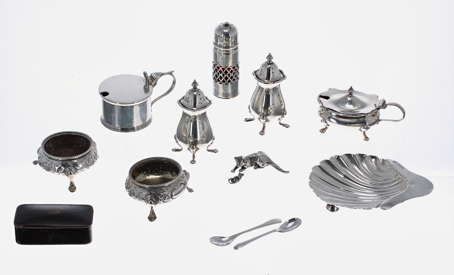 Collection of assorted silver condiments etc. including salt, pepper and mustard with blue glass