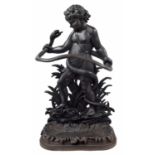 Coalbrookdale style cast iron stick stand, modelled with a cherub holding a snake upon a