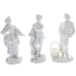 Pair of Berlin blanc de chine porcelain figures, 12" high; together with a similar glazed figure