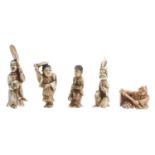 Four small Japanese stained ivory figural okimono and a netsuke of a seated man, Meiji period, the