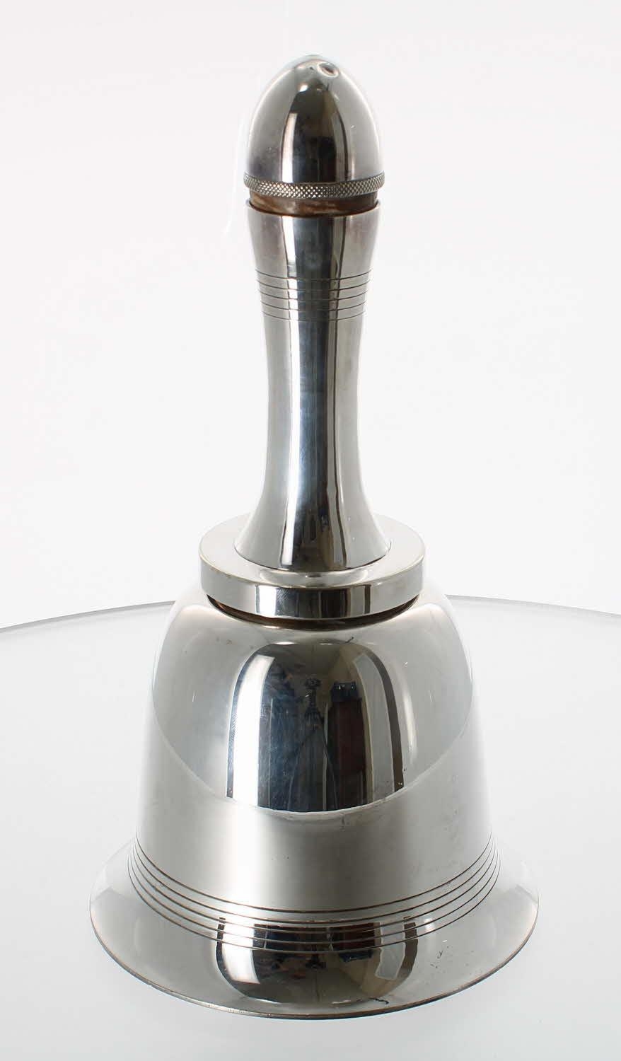 Asprey & Co. silver plated cocktail shaker in the form of a bell, with screw and cork cover,