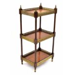 Decorative French kingwood inlaid three tier rectangular etagere, with applied pierced brass