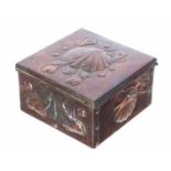 Newlyn square copper box and cover, repousse decorated with shells and fish, stamped Newlyn, 4"