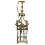 Good Regency style brass and glazed square hanging hall lantern, the foliate scrolling canopy around