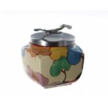 Clarice Cliff 'Autumn' preserve pot with an electro-plated cover, shape 516, 3.5" high including the