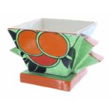 Clarice Cliff Bizarre Cafe au Lait 'Fruits' fin-handled square vase, shape 515, 8.5" wide, 5" high