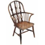 Early 19th century yew wood and elm seat Windsor armchair, 23" wide, 38" high (at fault and in