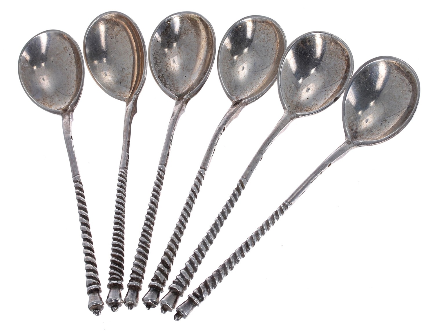 Set of six Russian silver twist handle tea spoons, 2oz t (6)