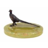 Art Deco green onyx desk stand with a cold painted bronze figure of a pheasant, 6.5" wide, 3.5" high