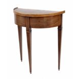 Small George III mahogany inlaid demi lune side table, the sunray inlaid top over the frieze with