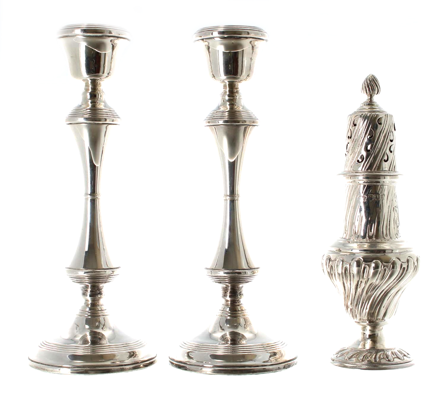 Pair of B & Co. silver turned candlesticks, Birmingham 1971, 8" high (filled bases); together with a