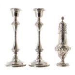 Pair of B & Co. silver turned candlesticks, Birmingham 1971, 8" high (filled bases); together with a